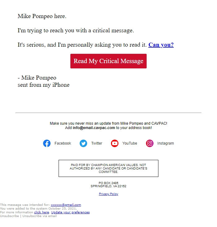 Screenshot of the email generated on import