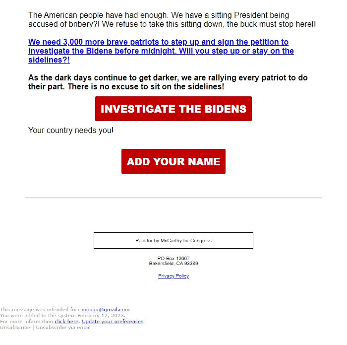 Screenshot of the email generated on import