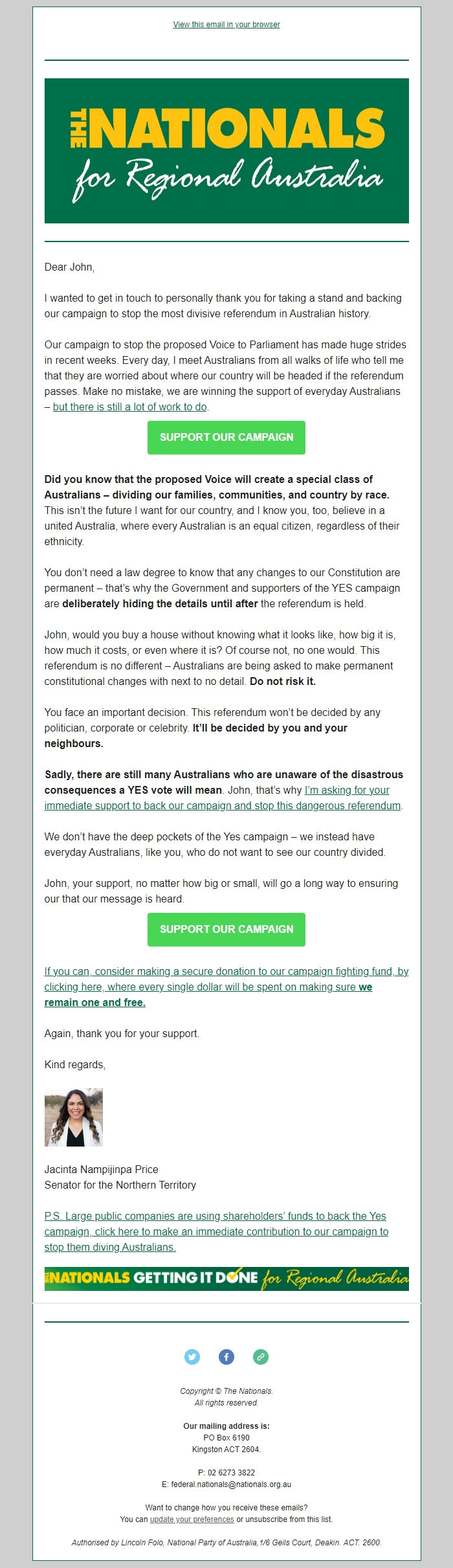 Screenshot of the email generated on import