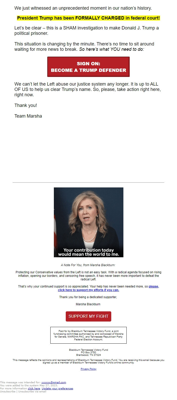 Screenshot of the email generated on import