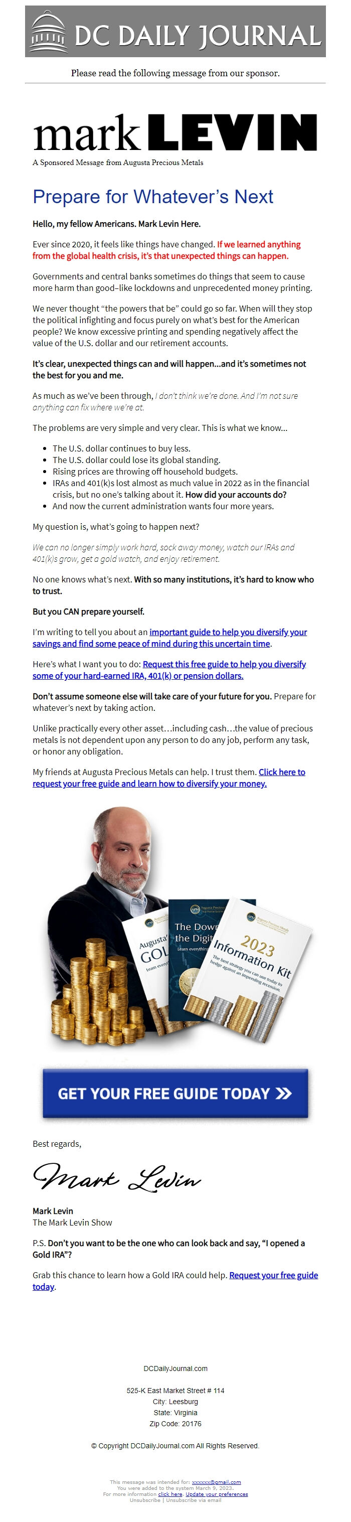 Screenshot of the email generated on import