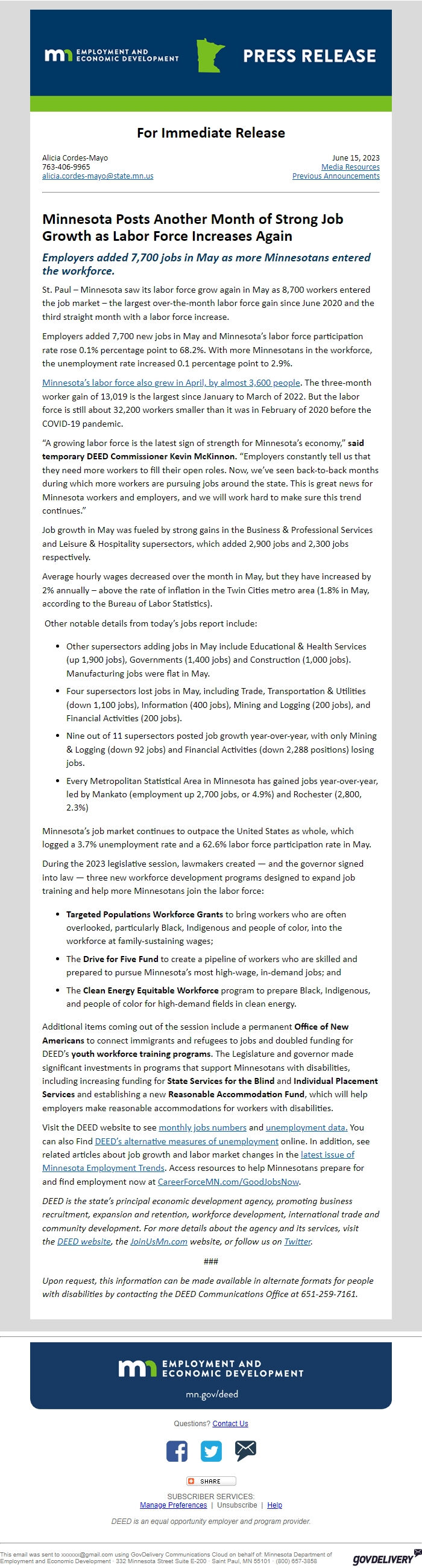 Screenshot of the email generated on import