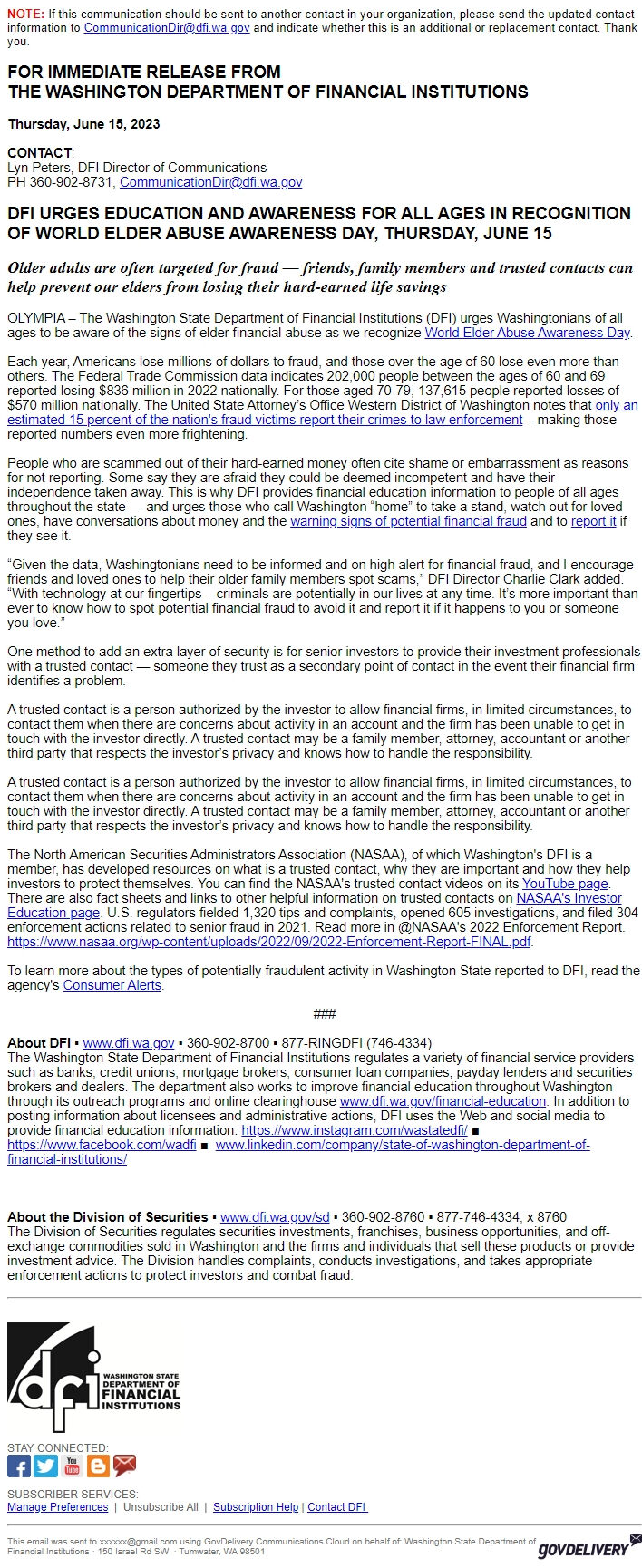 Screenshot of the email generated on import