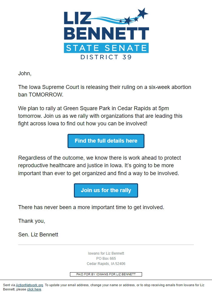 Screenshot of the email generated on import