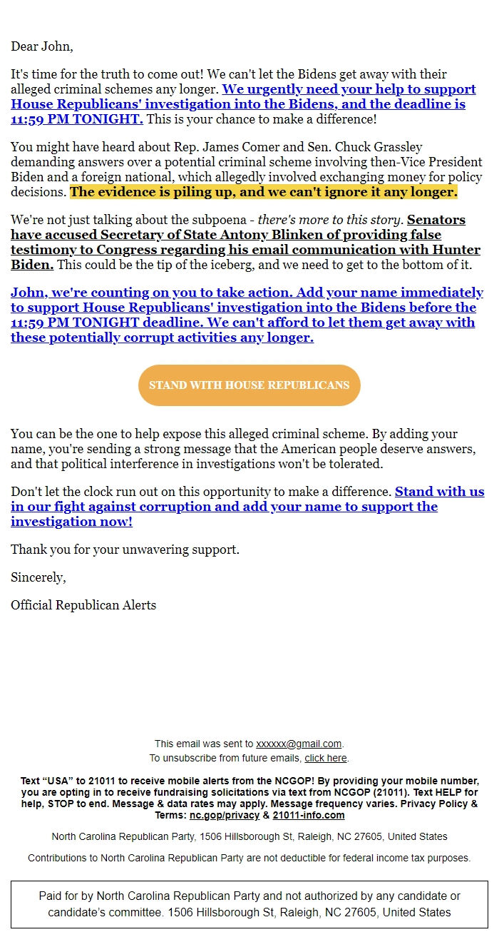 Screenshot of the email generated on import