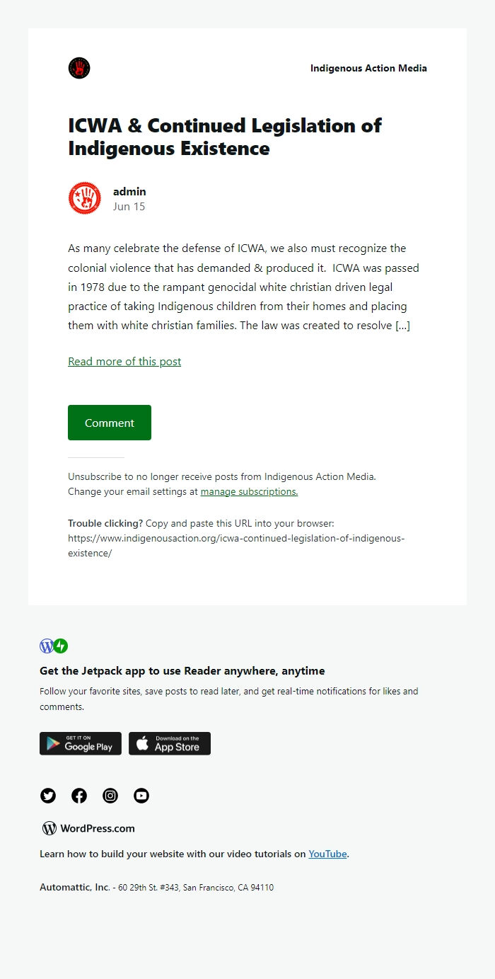 Screenshot of the email generated on import
