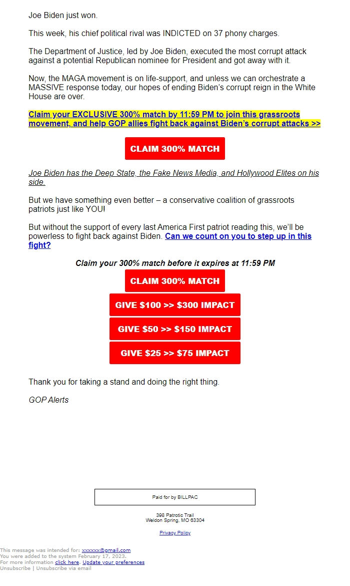 Screenshot of the email generated on import