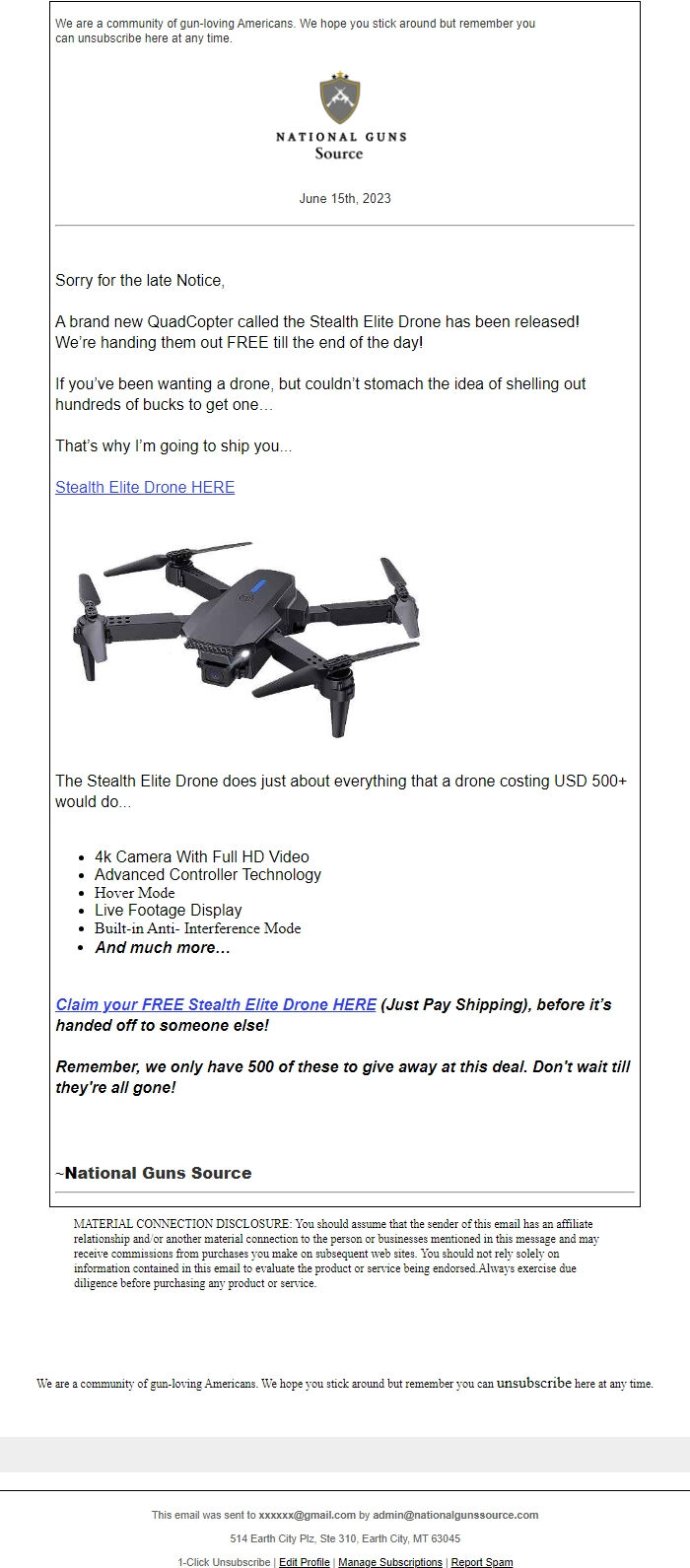 Screenshot of the email generated on import