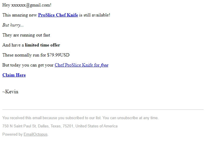 Screenshot of the email generated on import