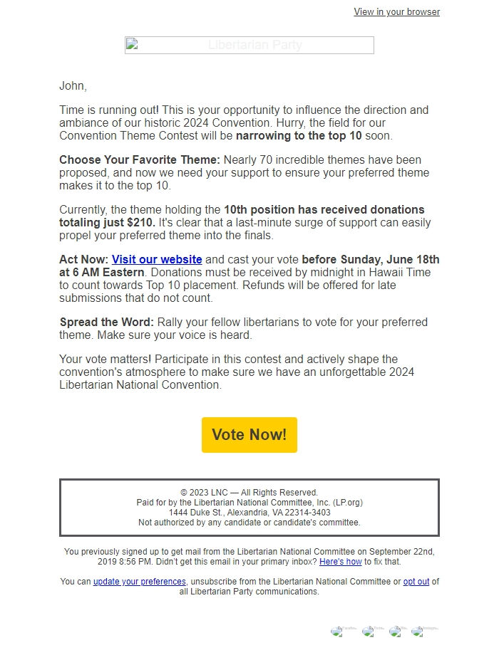 Screenshot of the email generated on import