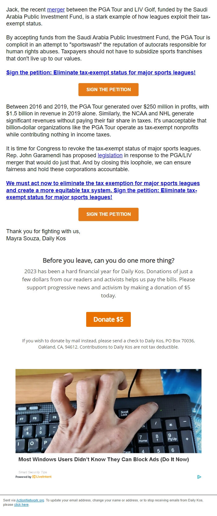 Screenshot of the email generated on import