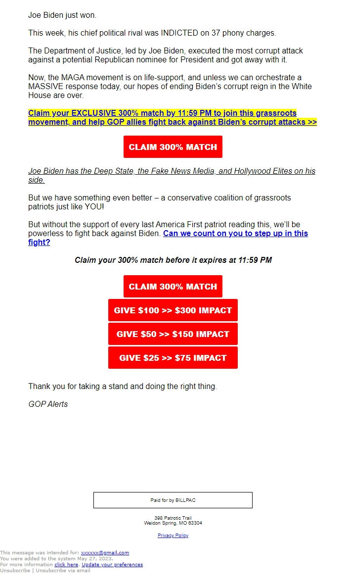 Screenshot of the email generated on import
