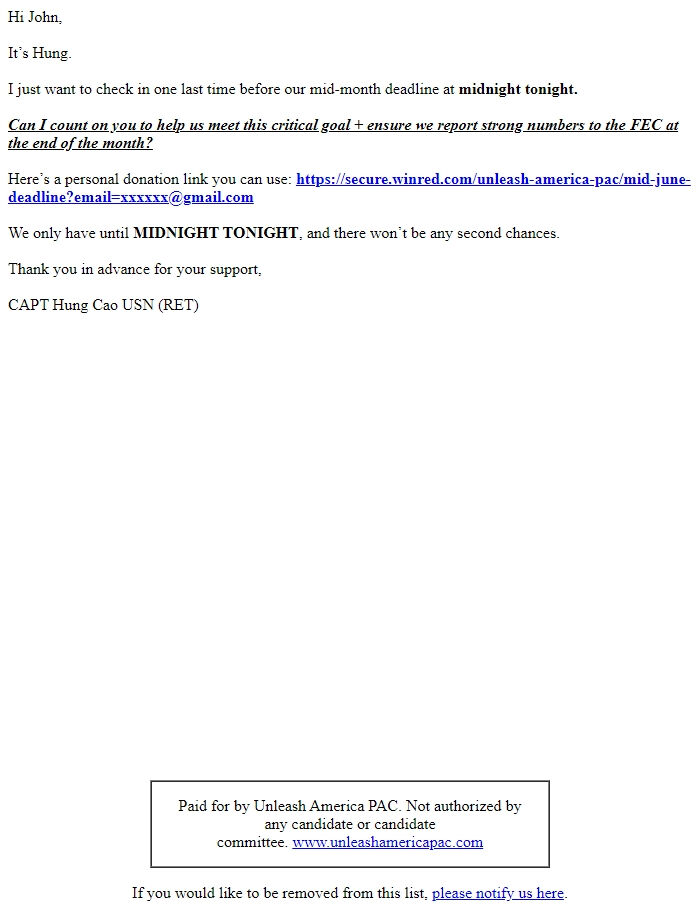 Screenshot of the email generated on import