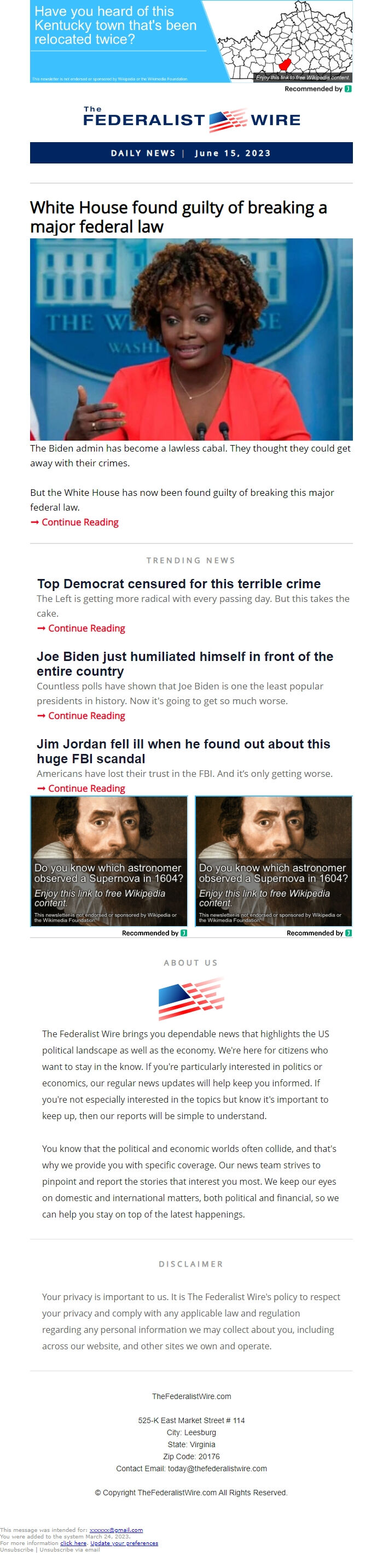Screenshot of the email generated on import