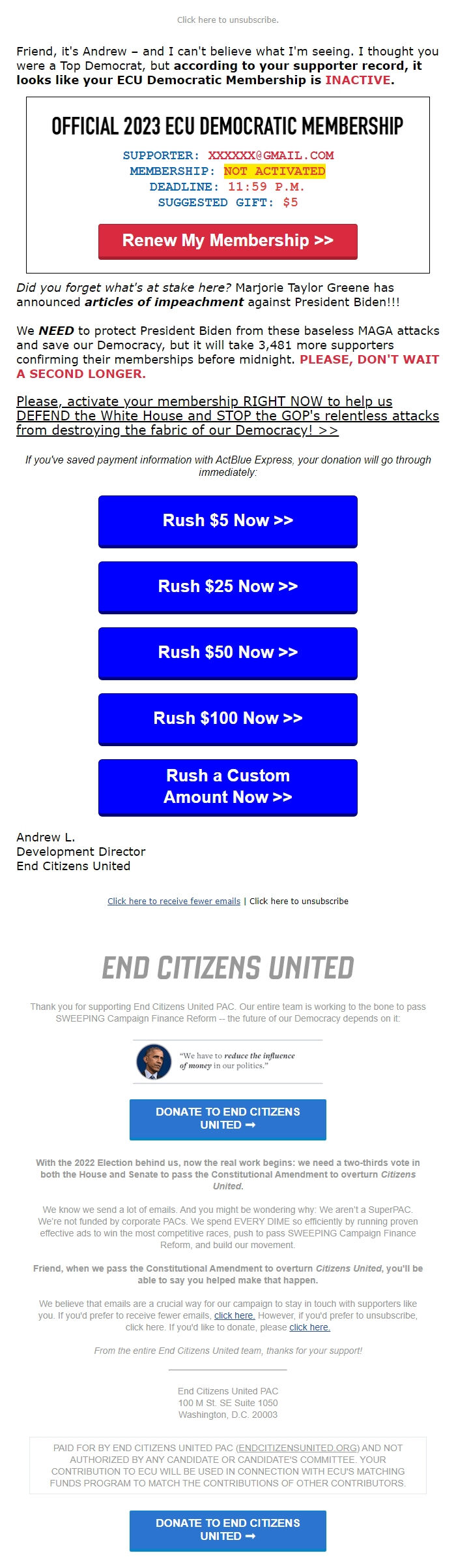 Screenshot of the email generated on import