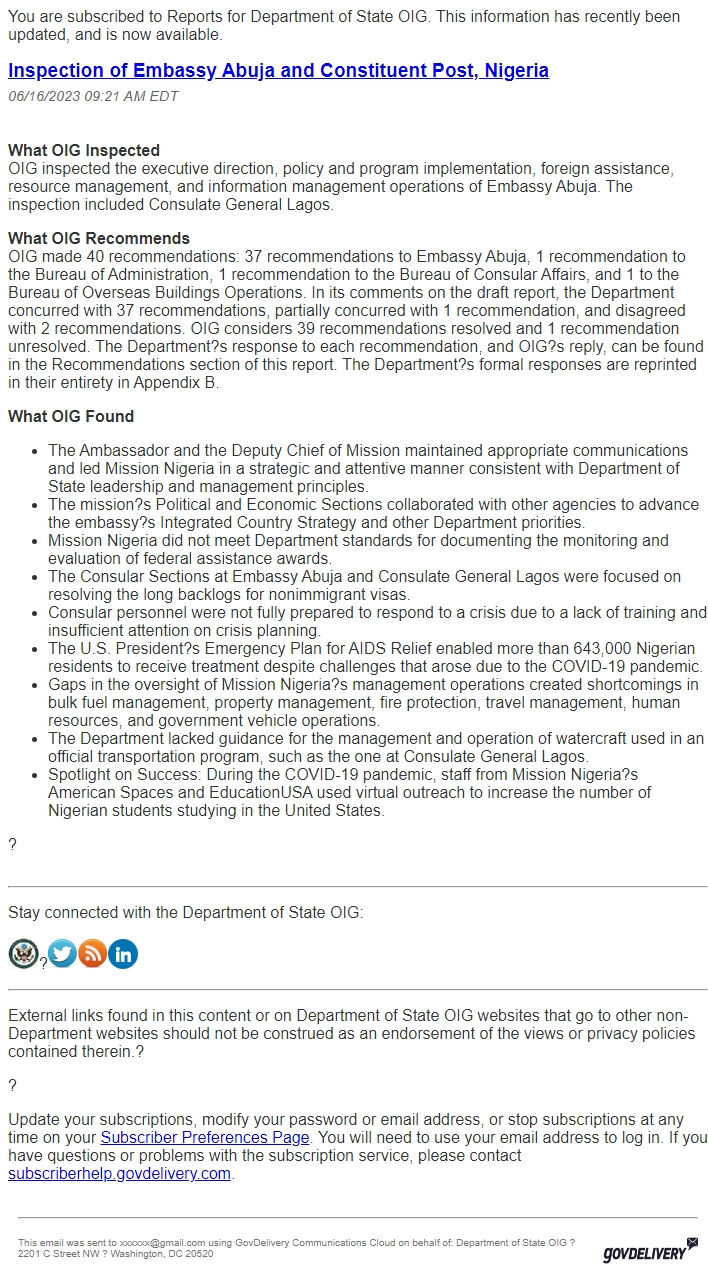 Screenshot of the email generated on import