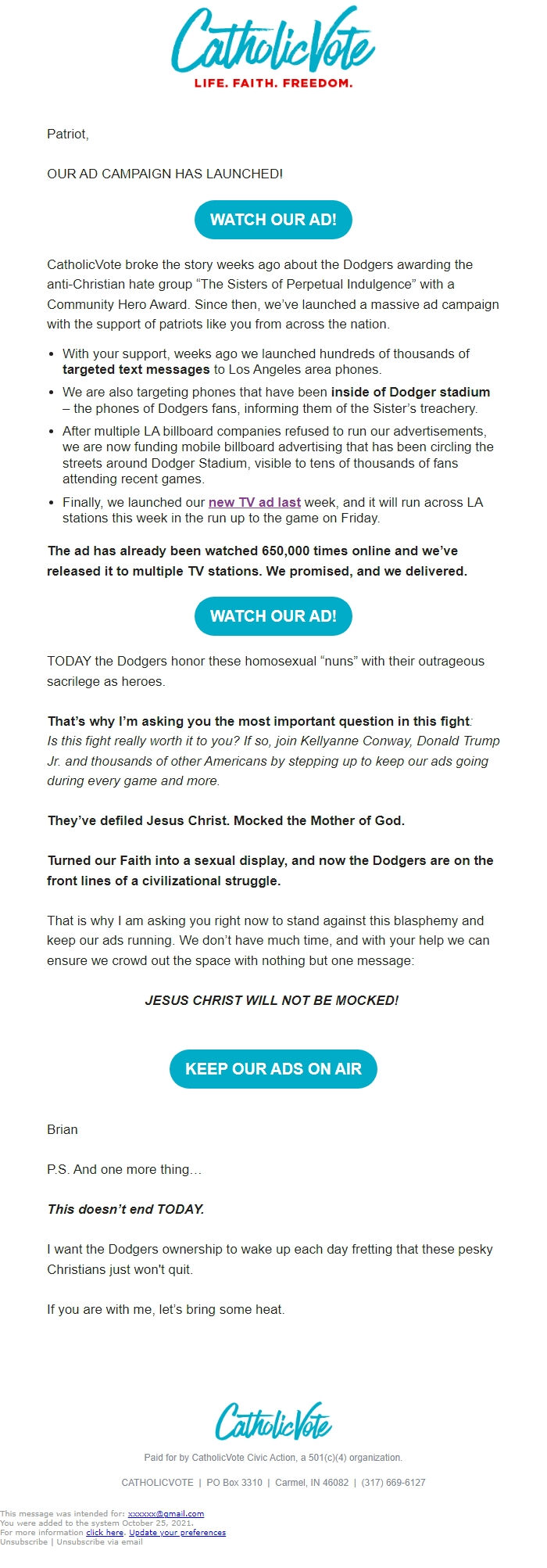 Screenshot of the email generated on import