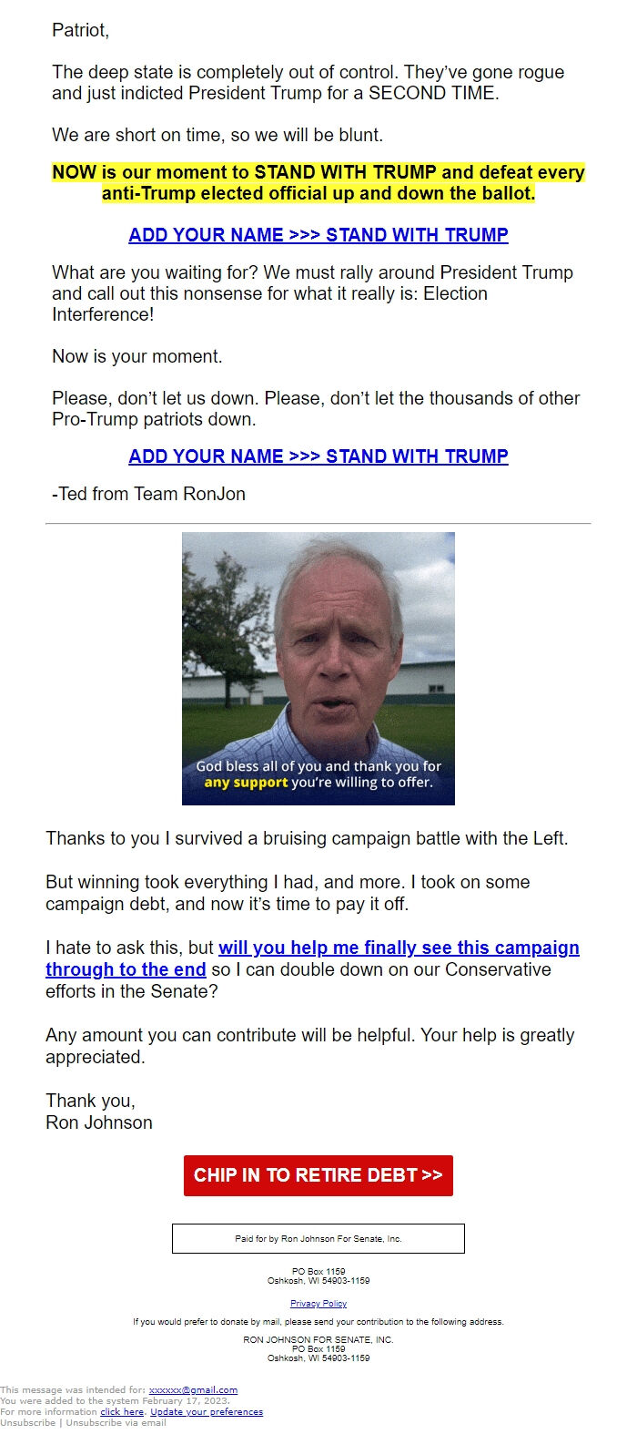 Screenshot of the email generated on import