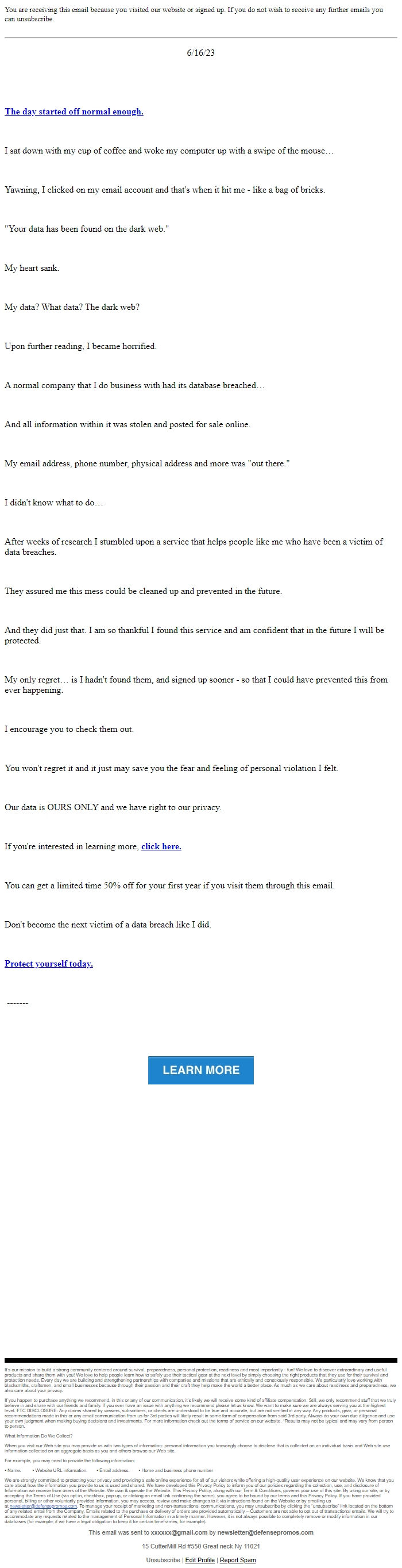 Screenshot of the email generated on import