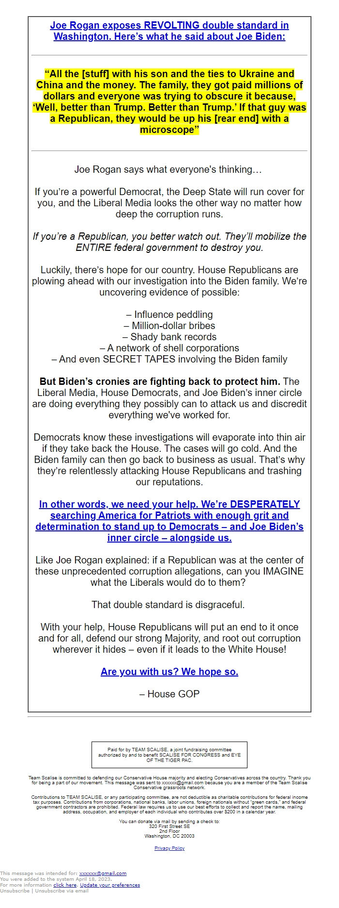 Screenshot of the email generated on import