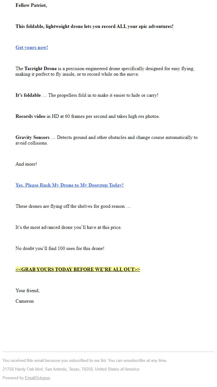 Screenshot of the email generated on import