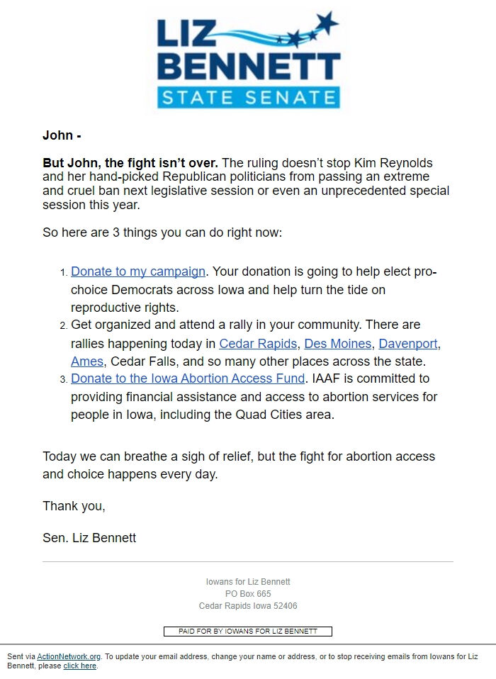 Screenshot of the email generated on import