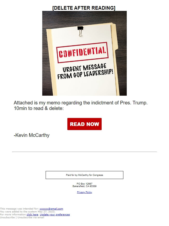 Screenshot of the email generated on import