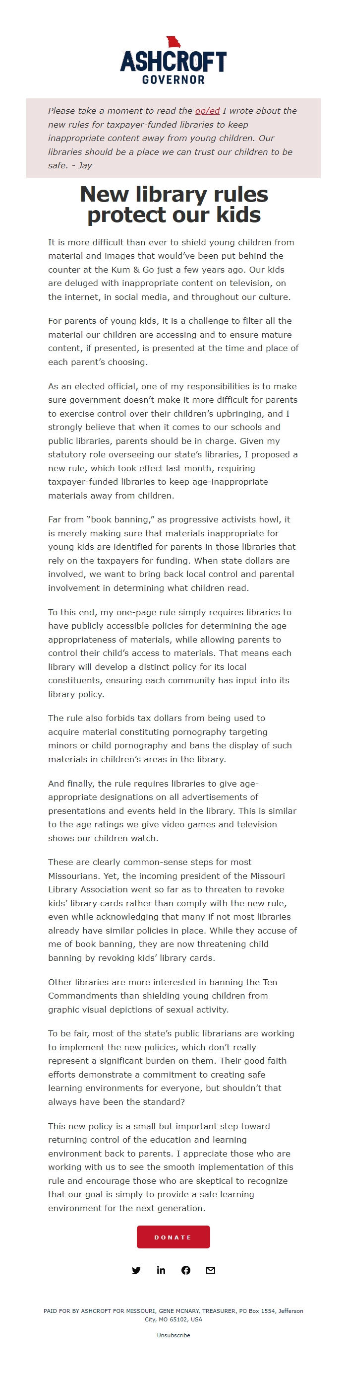 Screenshot of the email generated on import