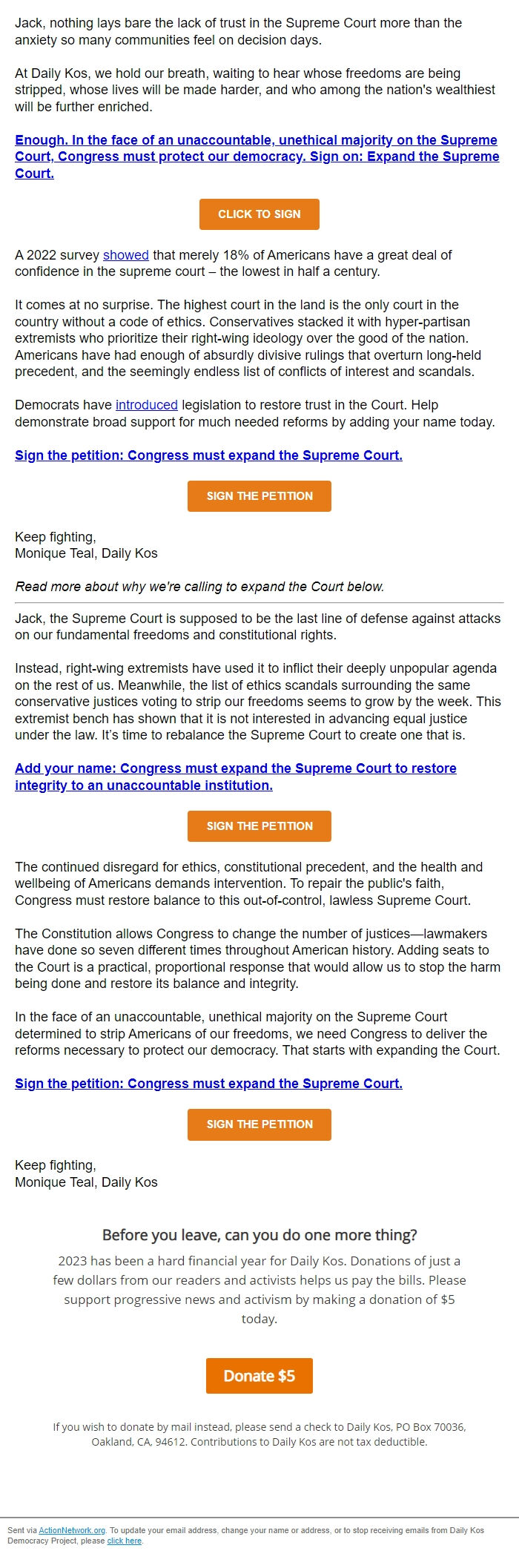 Screenshot of the email generated on import