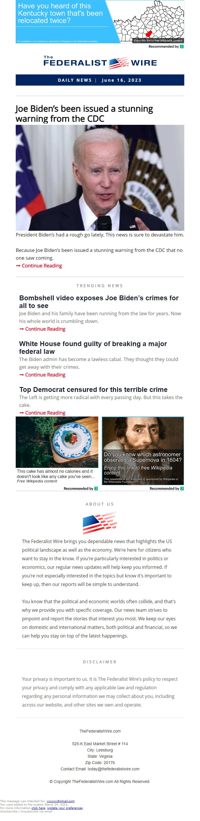 Screenshot of the email generated on import