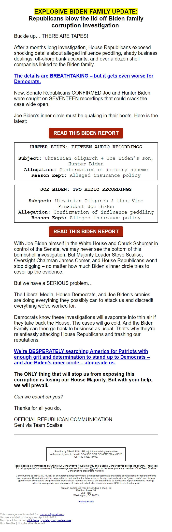 Screenshot of the email generated on import