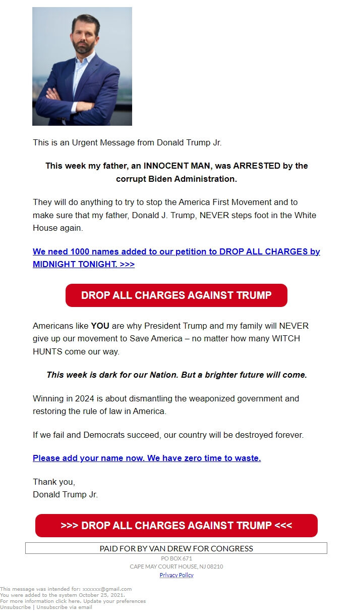 Screenshot of the email generated on import