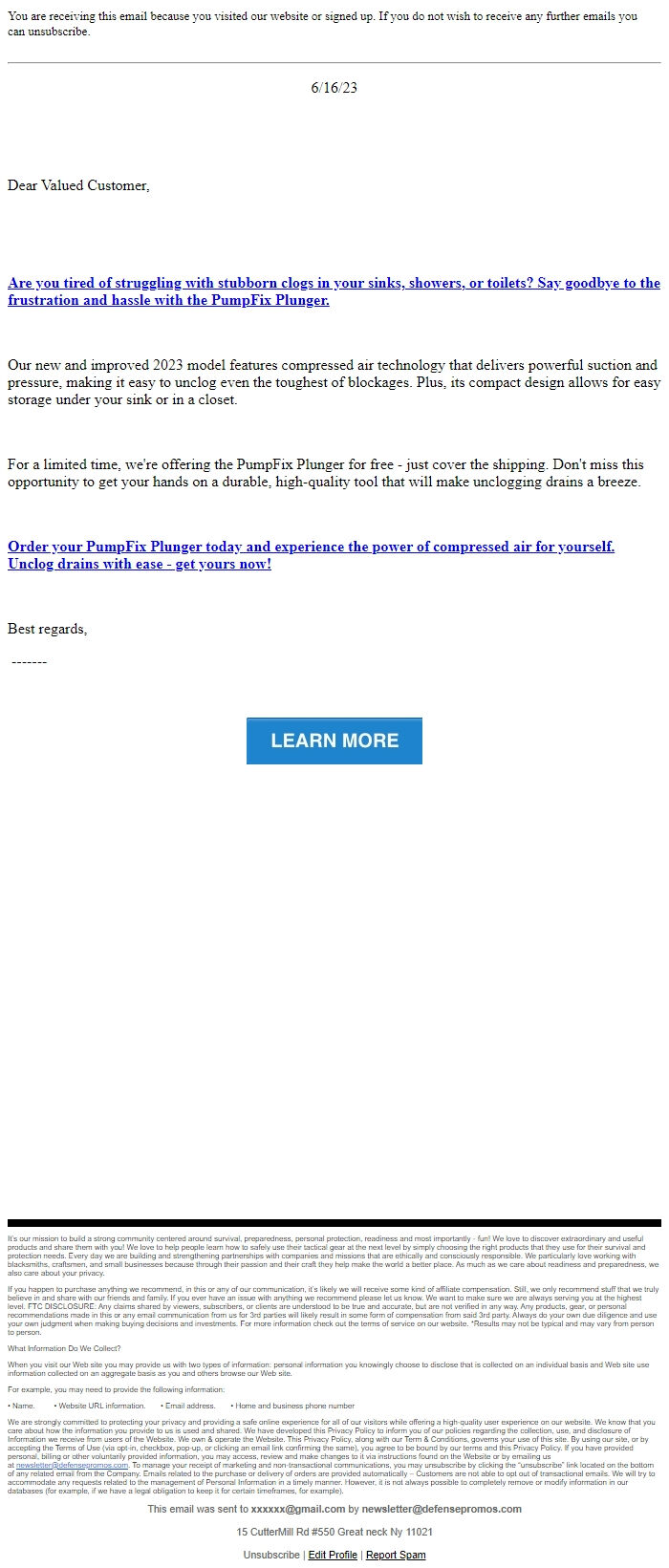 Screenshot of the email generated on import