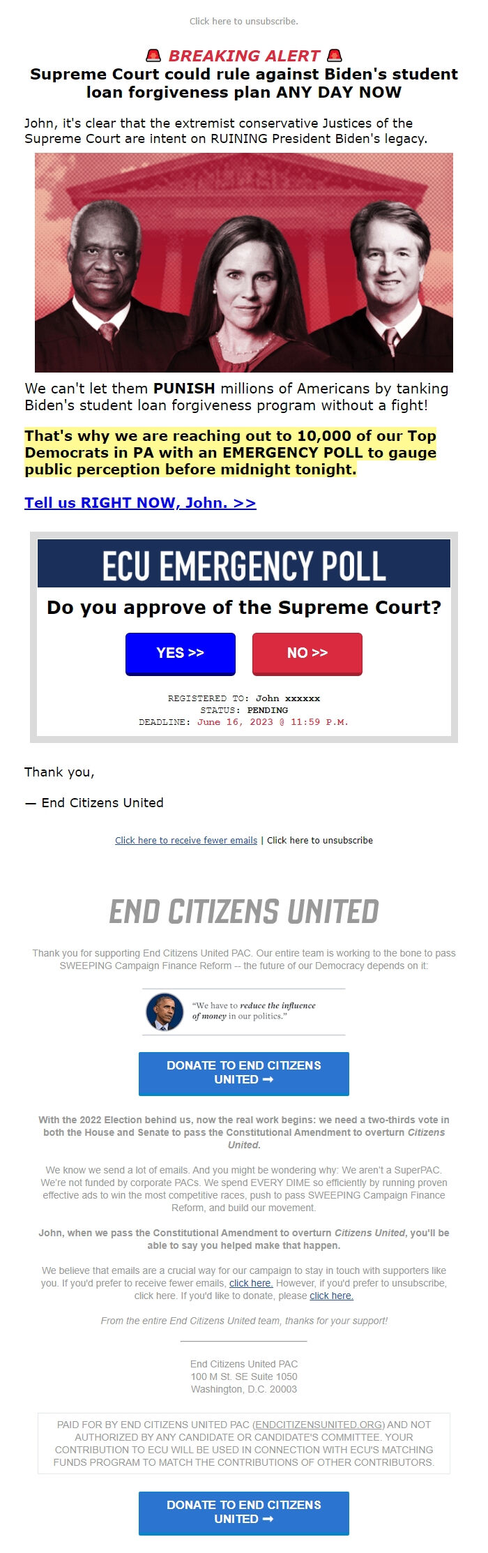 Screenshot of the email generated on import