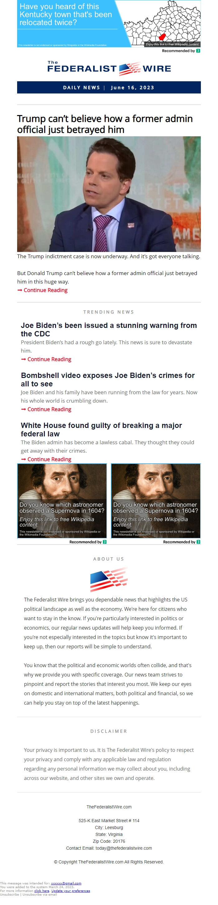 Screenshot of the email generated on import