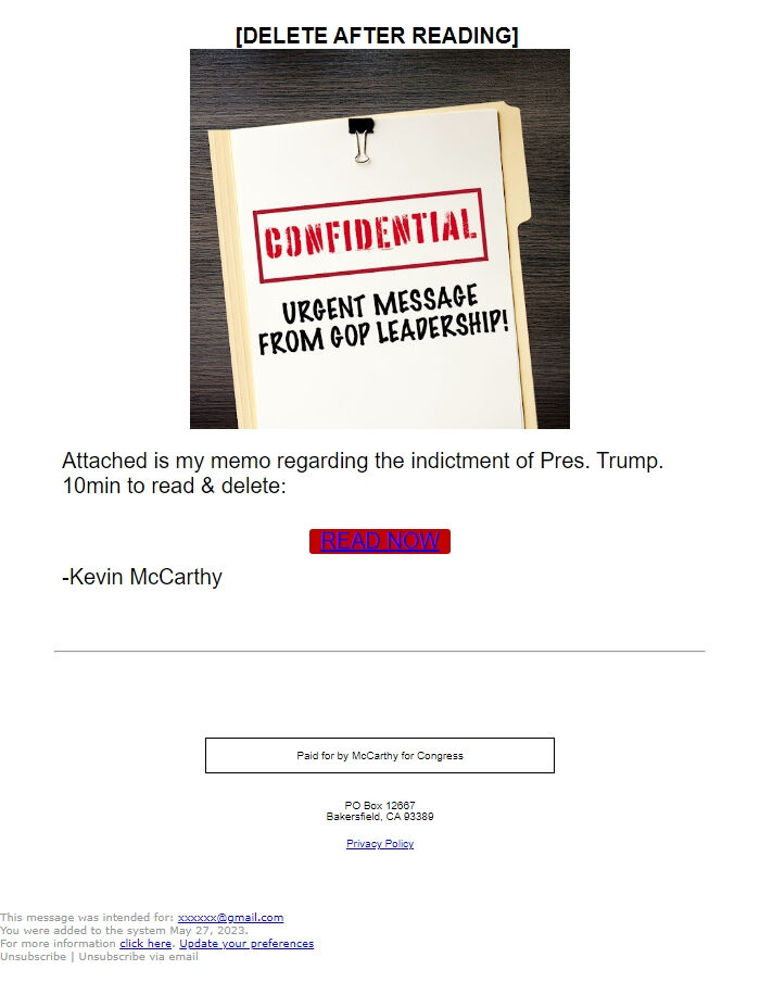 Screenshot of the email generated on import