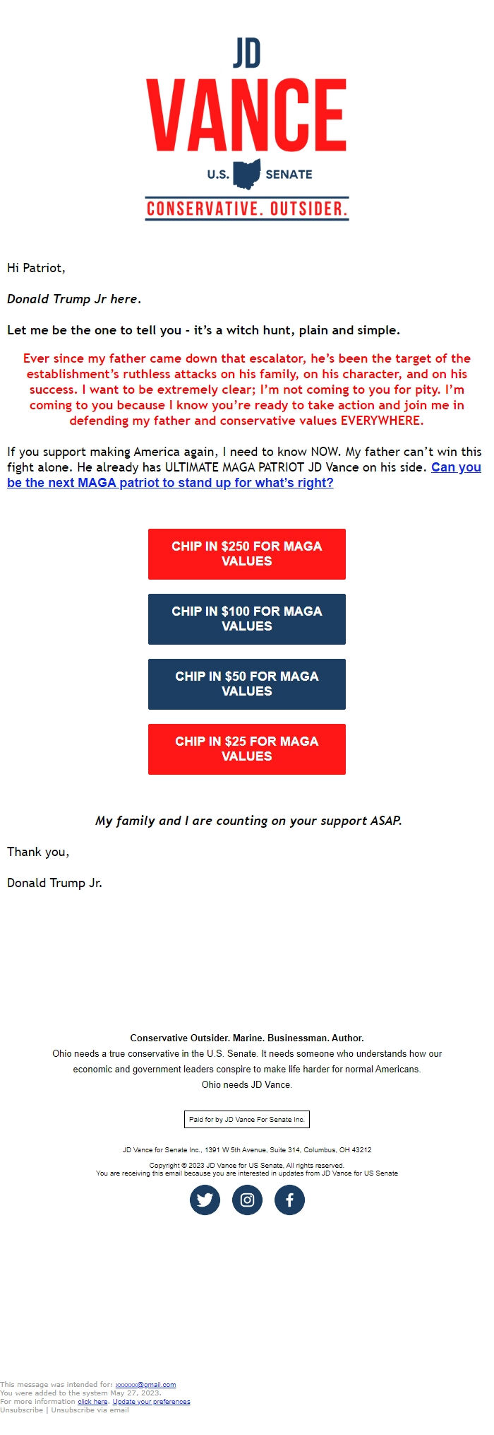 Screenshot of the email generated on import