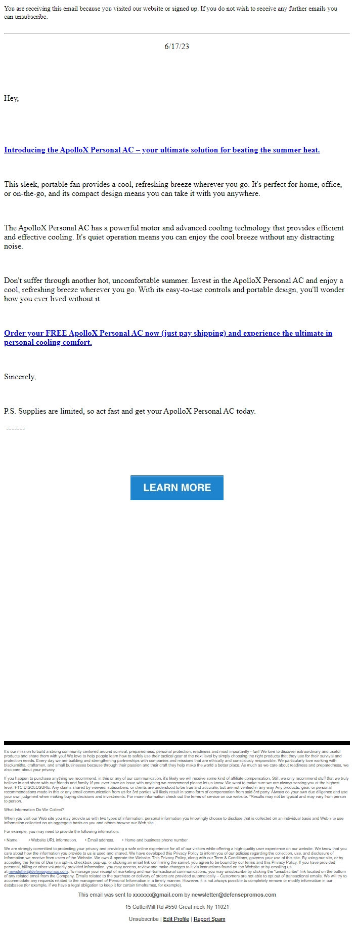 Screenshot of the email generated on import