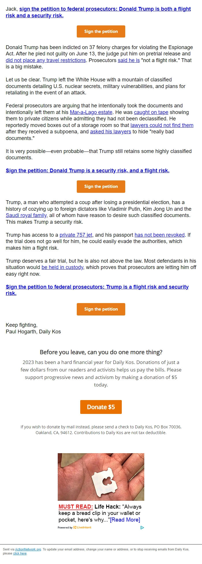 Screenshot of the email generated on import