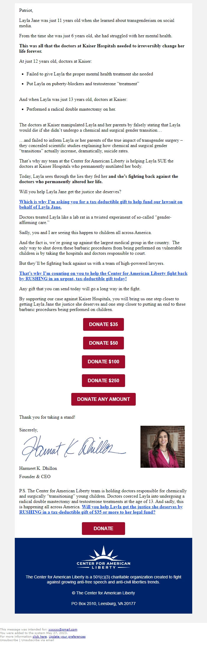 Screenshot of the email generated on import