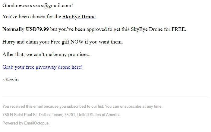 Screenshot of the email generated on import