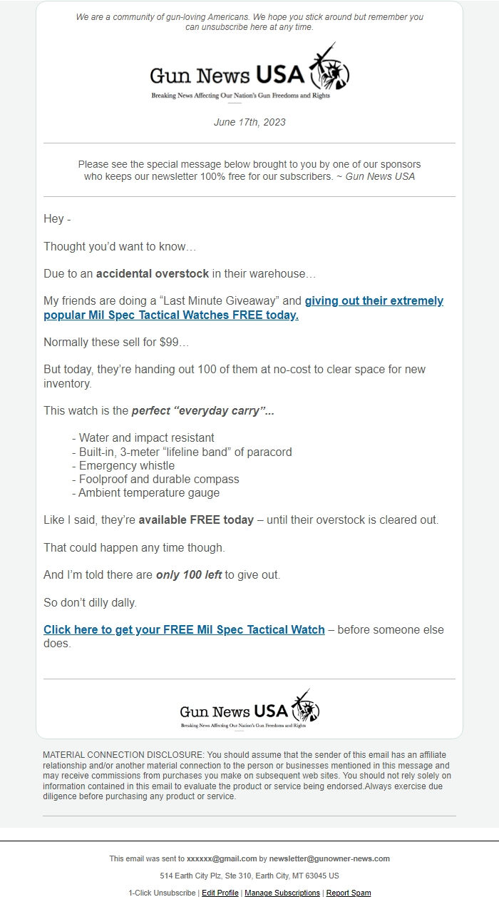 Screenshot of the email generated on import