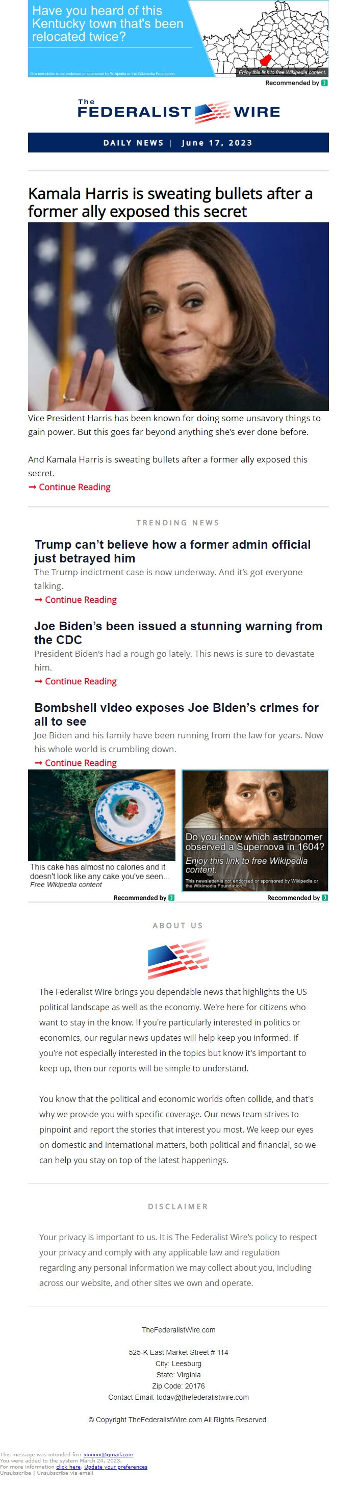 Screenshot of the email generated on import