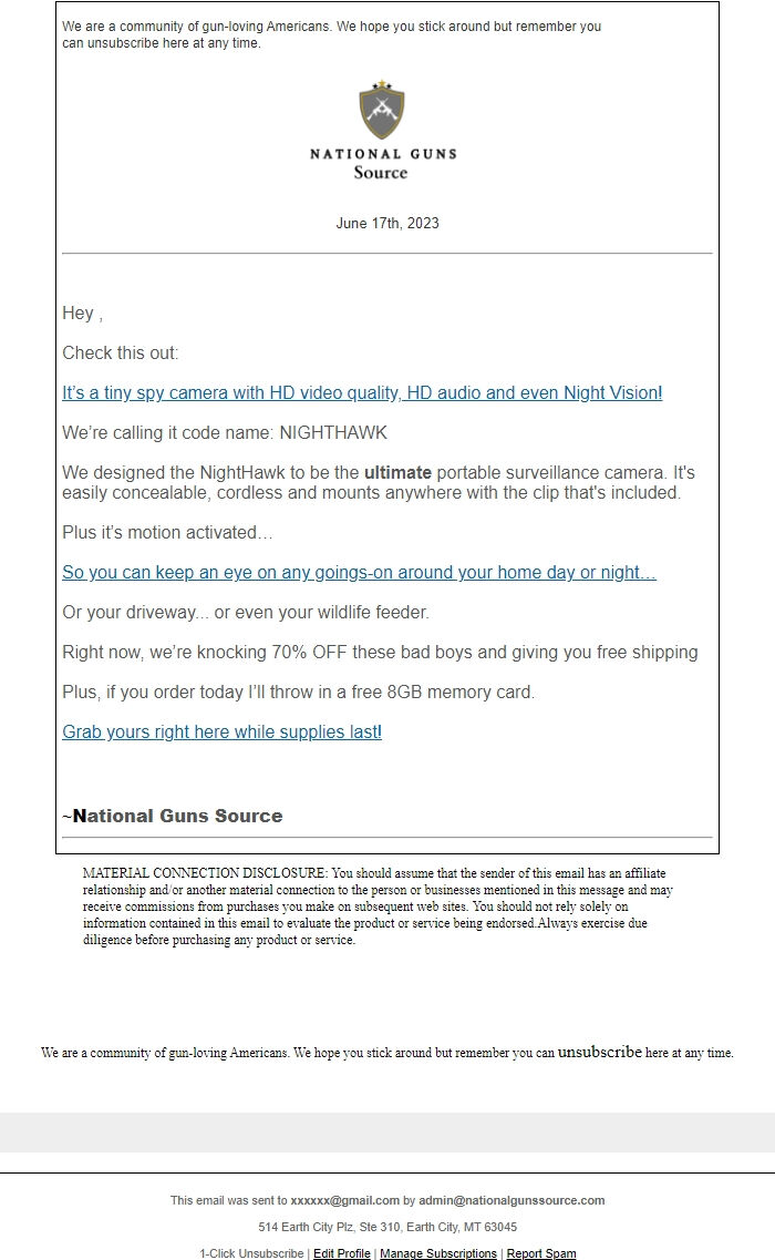 Screenshot of the email generated on import