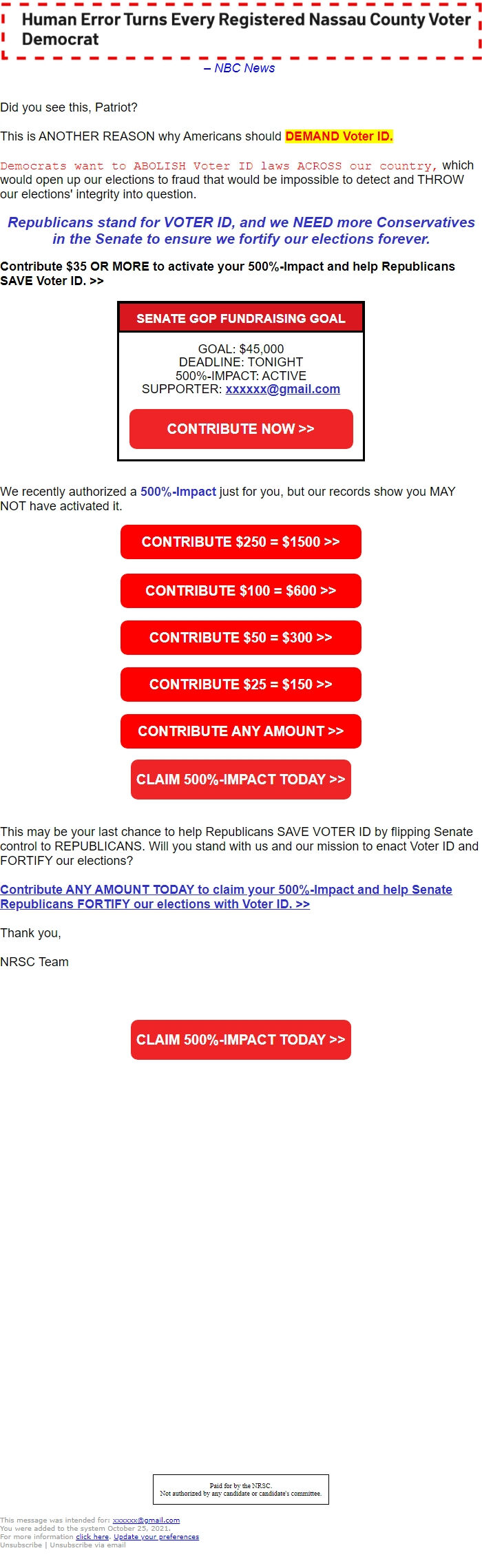 Screenshot of the email generated on import