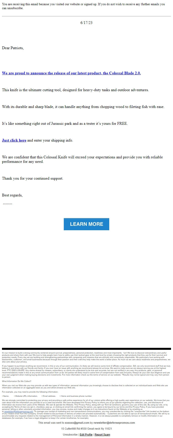 Screenshot of the email generated on import