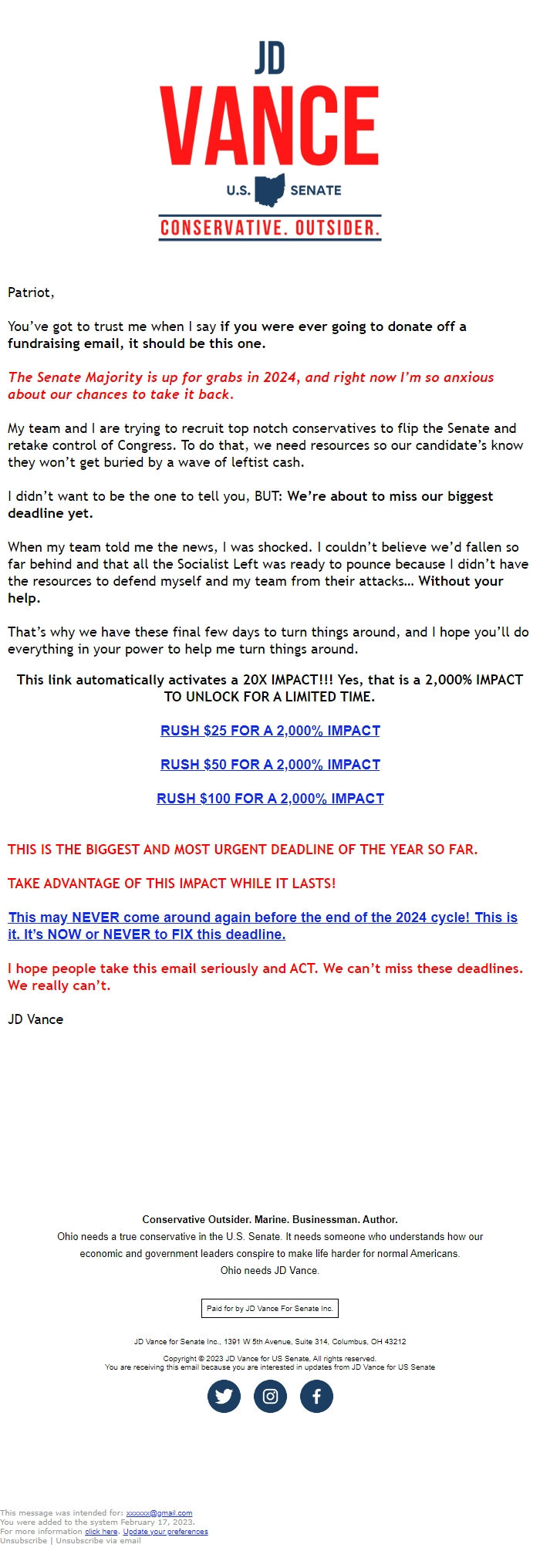 Screenshot of the email generated on import