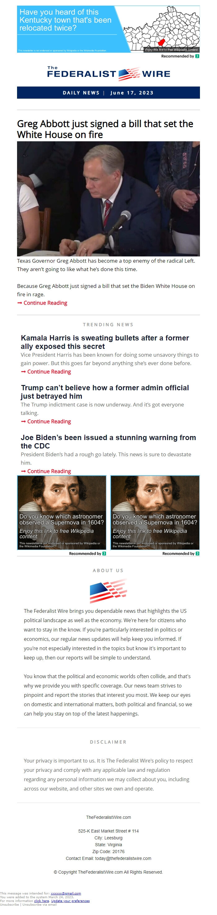 Screenshot of the email generated on import