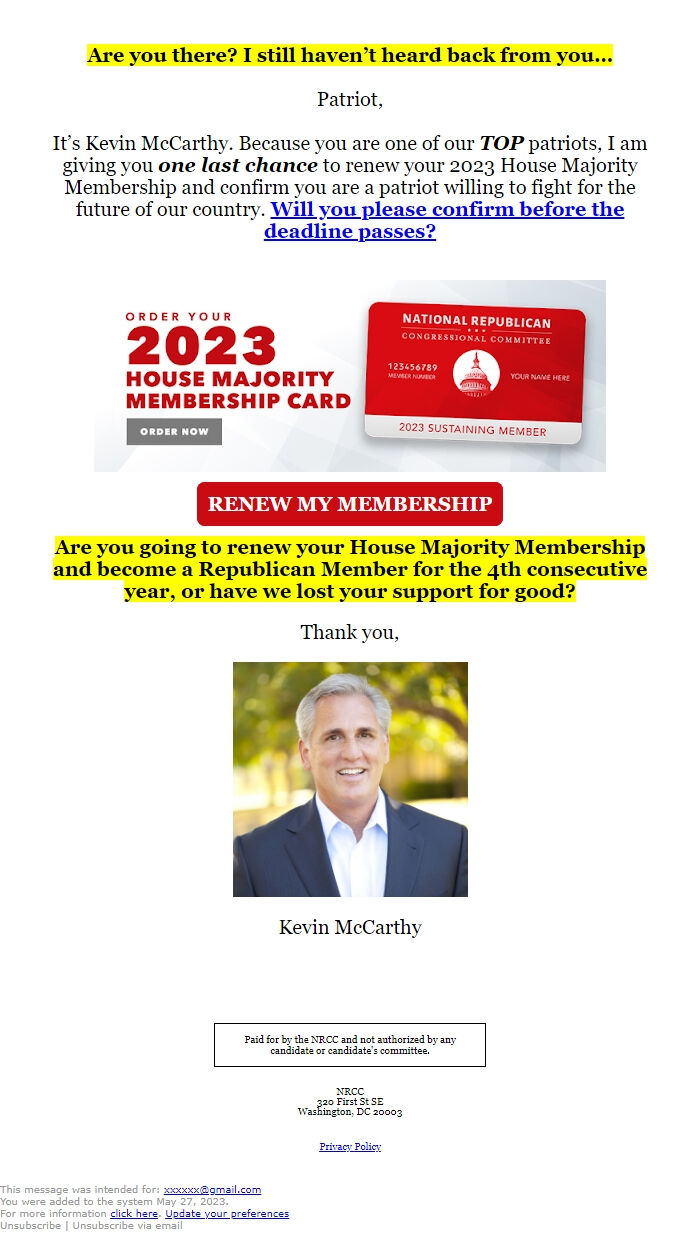 Screenshot of the email generated on import