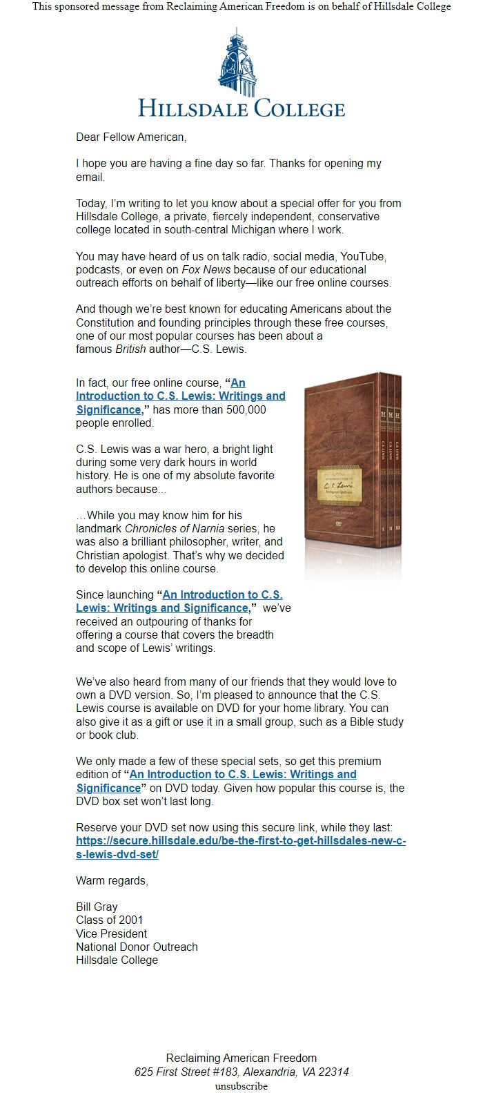 Screenshot of the email generated on import